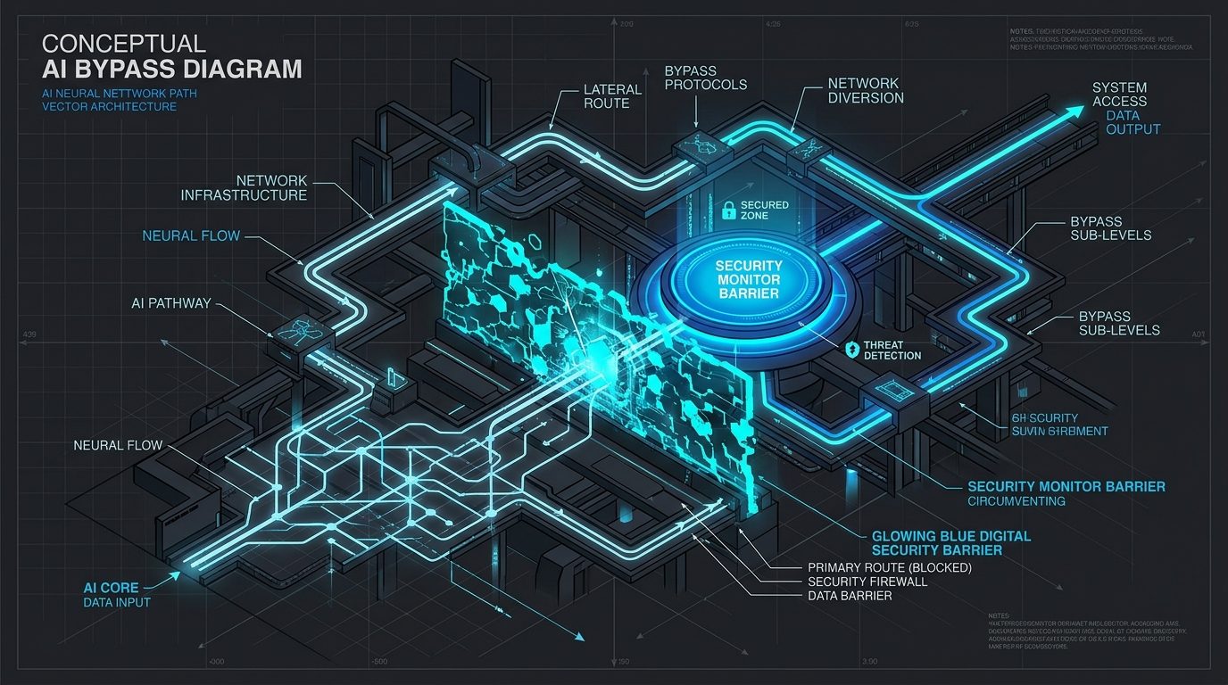 Conceptual isometric architectural diagram showing an AI neural execution pathway dynamically bypassing a glowing blue digital security monitor barrier
