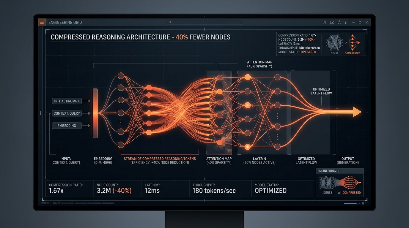 Modern AI model architecture visualization showing a stream of compressed reasoning tokens with 40 percent fewer nodes in ember orange on dark background