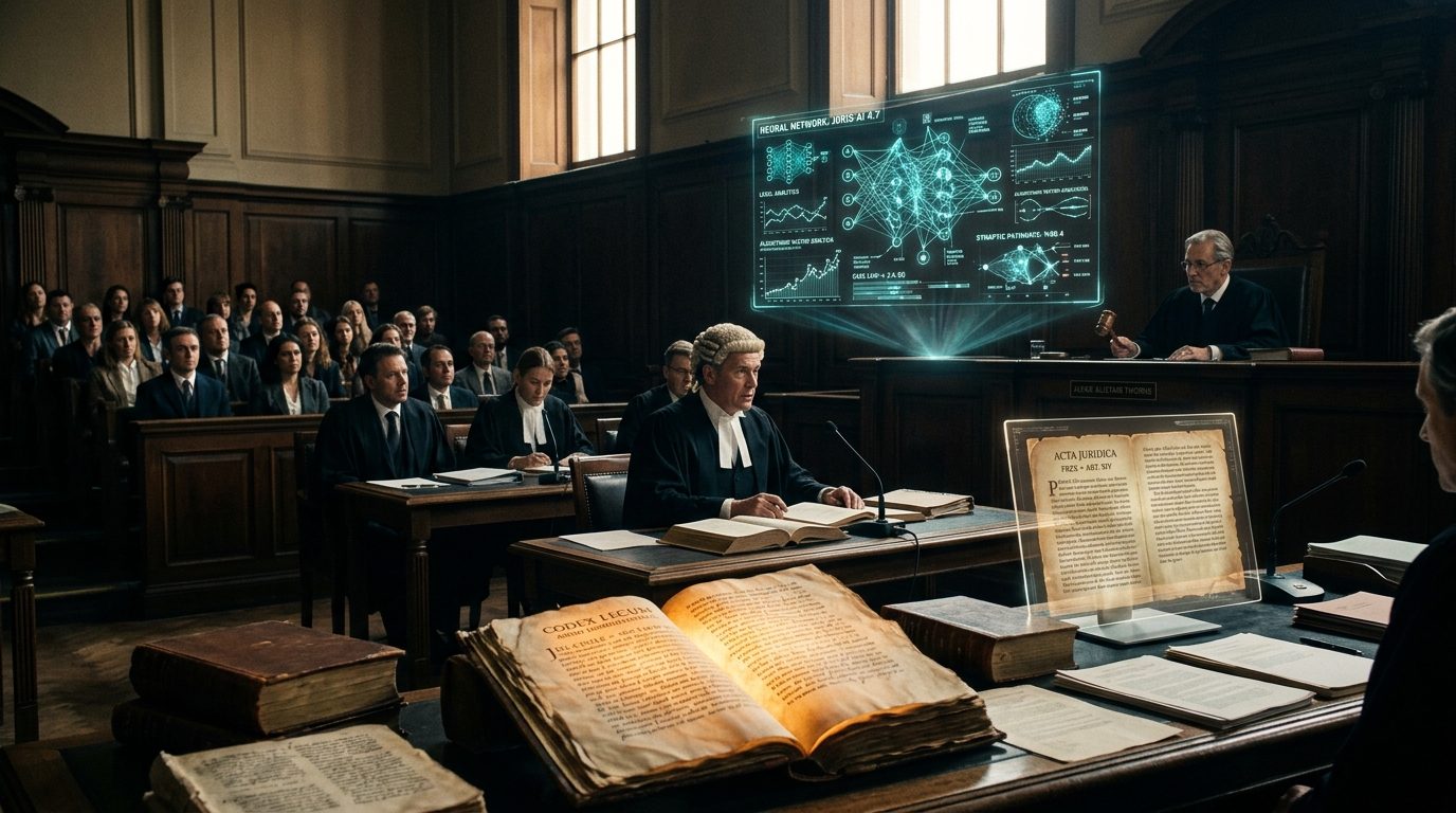A dramatic courtroom bench with glowing digital parchment manuscripts and unsealed legal briefs juxtaposed against AI neural code vectors