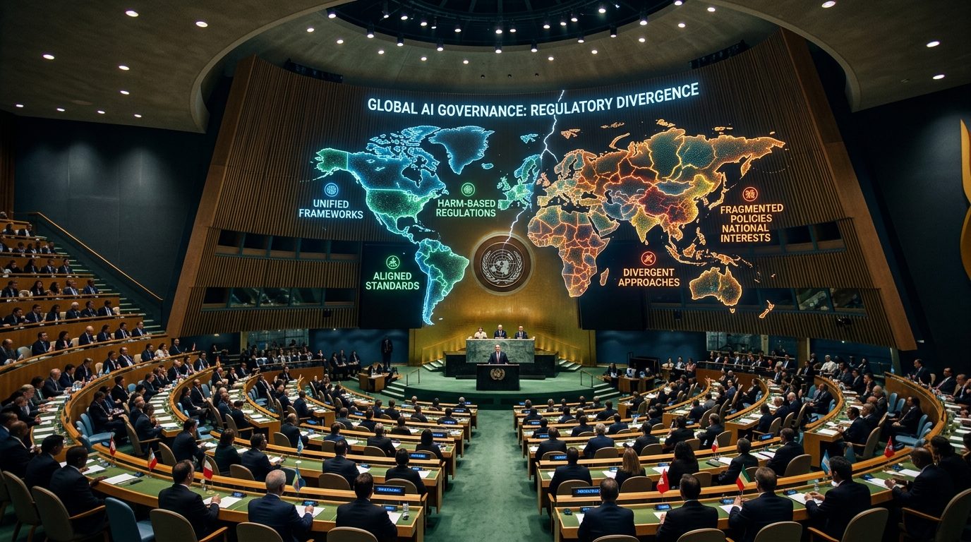 The United Nations General Assembly chamber illuminated with a glowing digital split world map symbolizing regulatory divergence in AI governance