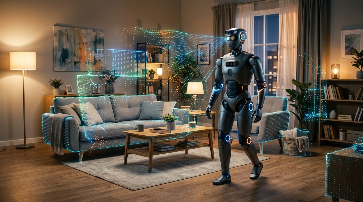 A bipedal humanoid robot navigating a modern domestic living room while generating a glowing cyan 3D spatial memory point cloud of furniture and objects