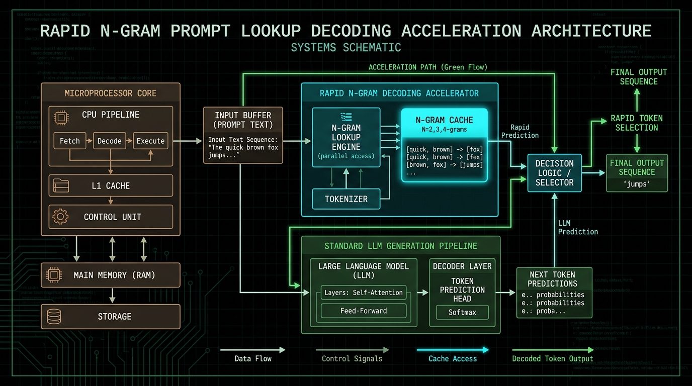 Systems schematic diagram showing rapid n-gram prompt lookup decoding acceleration alongside a microprocessor core in dark terminal green aesthetic