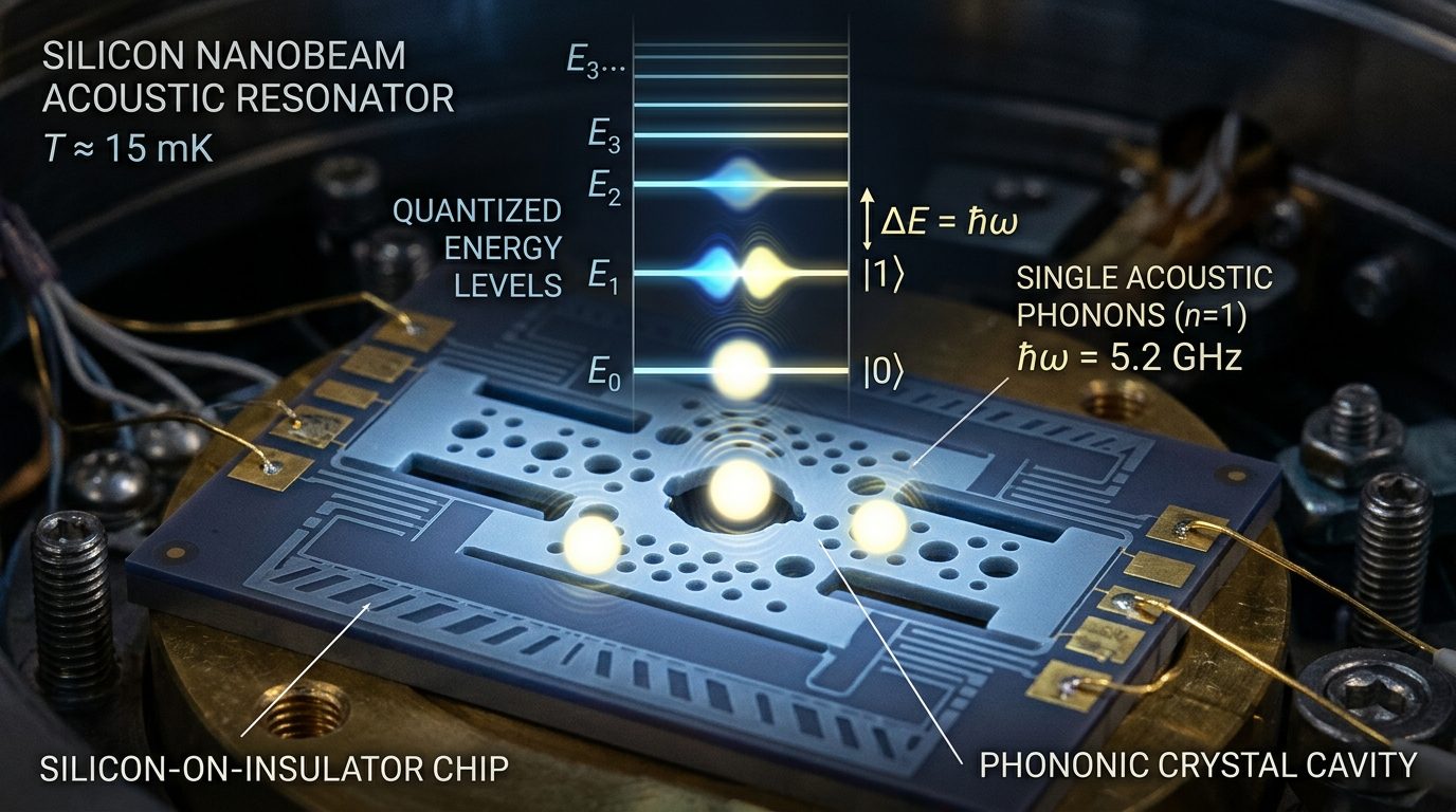 A microscopic silicon nanobeam acoustic resonator vibrating at 15 millikelvin with quantized energy levels and single acoustic phonons visualized as luminous wave packets