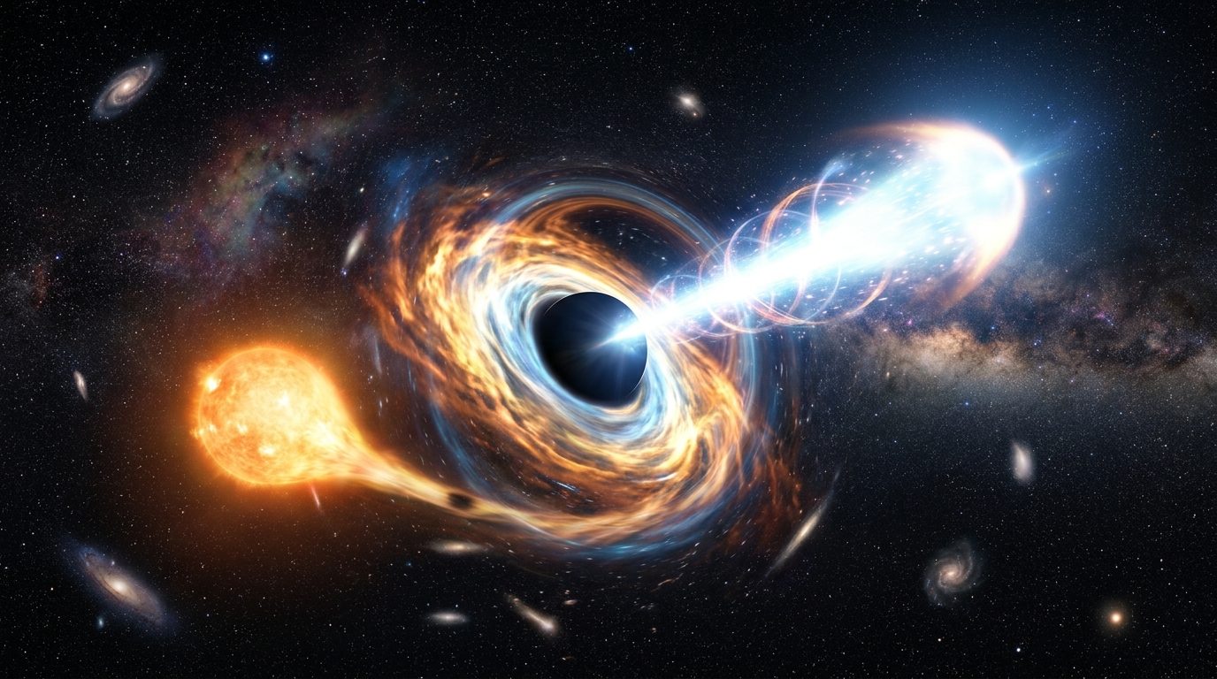 A stellar-mass black hole in a binary star system emitting a collimated relativistic plasma jet pointed directly toward Earth with warped space-time accretion disk