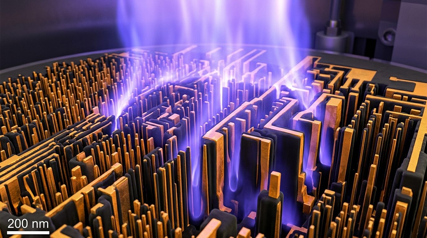 Semiconductor wafer fabrication cleanroom chamber applying a plasma flowable carbon film across high-aspect-ratio 3D nanostructures under violet plasma glow