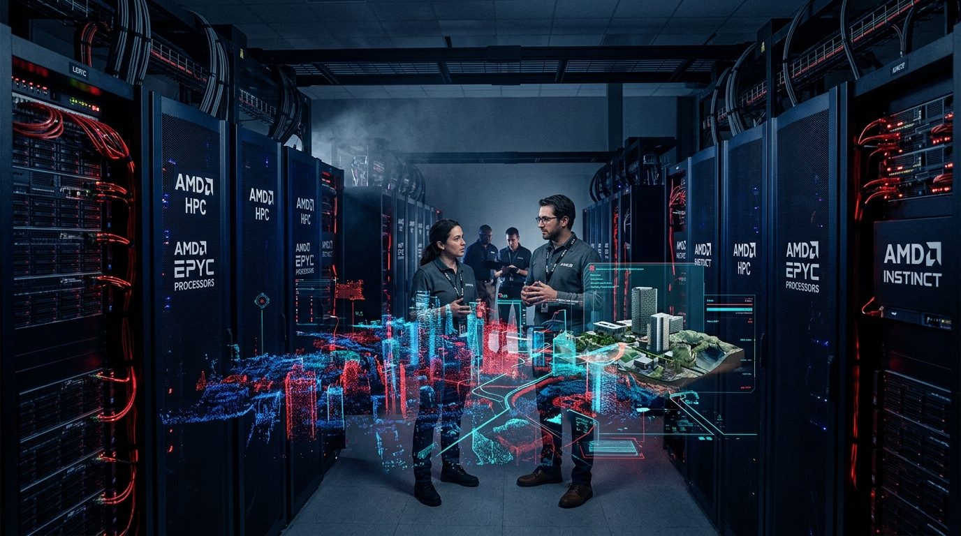 High-tech AMD high performance computing server datacenter with engineers examining an interactive holographic 3D spatial world model rendering over Instinct accelerator racks