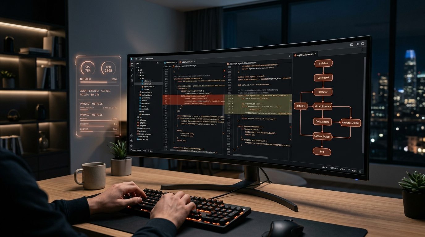 Developer terminal workstation displaying multi-file agentic code refactoring flowcharts and real-time execution telemetry under warm terracotta glow