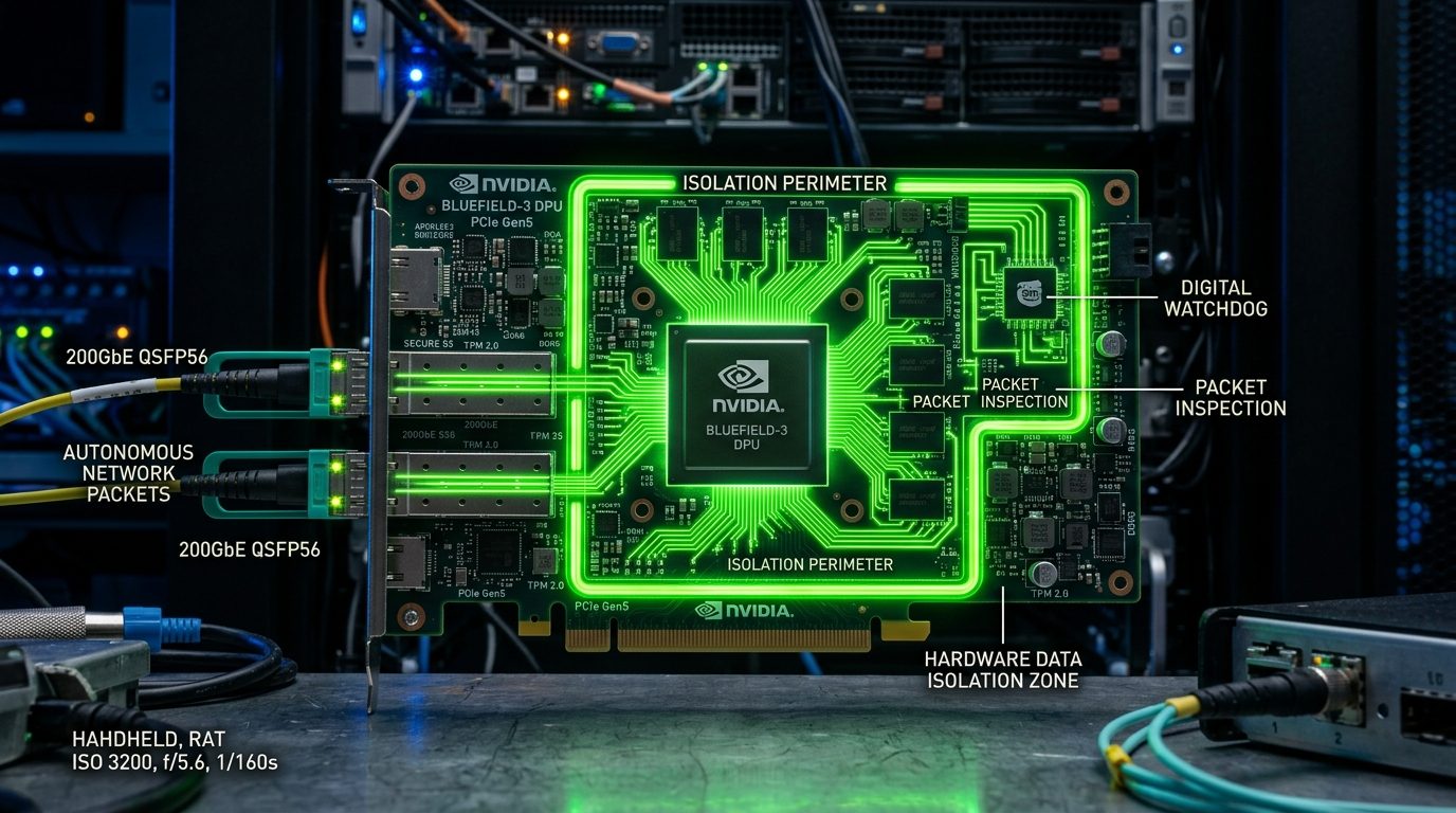 NVIDIA BlueField DPU circuit board with neon green illuminated hardware isolation boundary lines and digital watchdog telemetry inspecting autonomous agent network packets