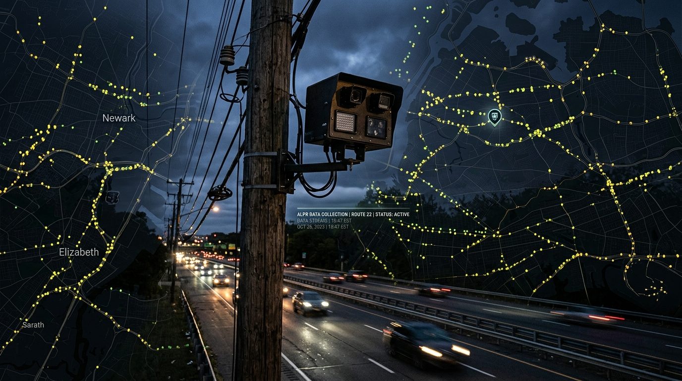 Automated license plate reader surveillance camera mounted on a roadside utility pole overlooking a highway with an interactive digital map showing thousands of camera locations