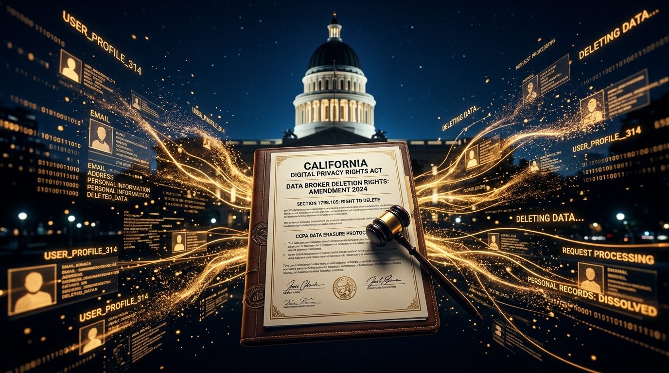 California Digital Privacy statute document illuminated against the California State Capitol dome with dissolving user profile data streams and legal gavel