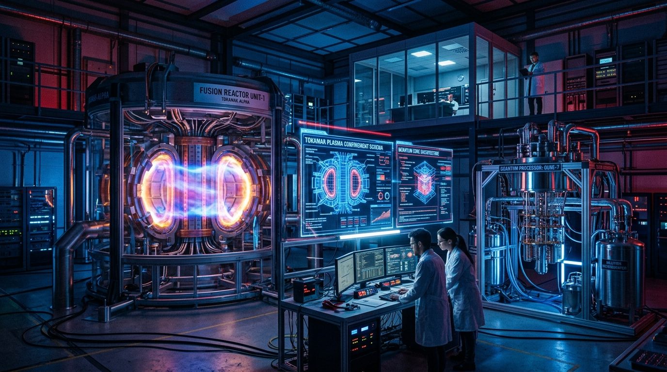 Advanced physics laboratory featuring a glowing magnetic confinement fusion tokamak plasma core and quantum dilution cryostat with holographic scientific blueprints