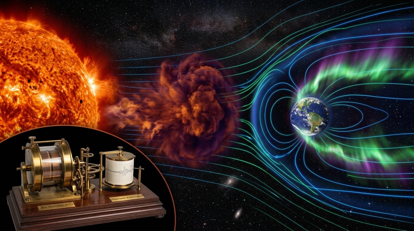 Astrophysics visualization of a solar coronal mass ejection erupting toward Earth alongside historical 1840s brass magnetic measurement instruments