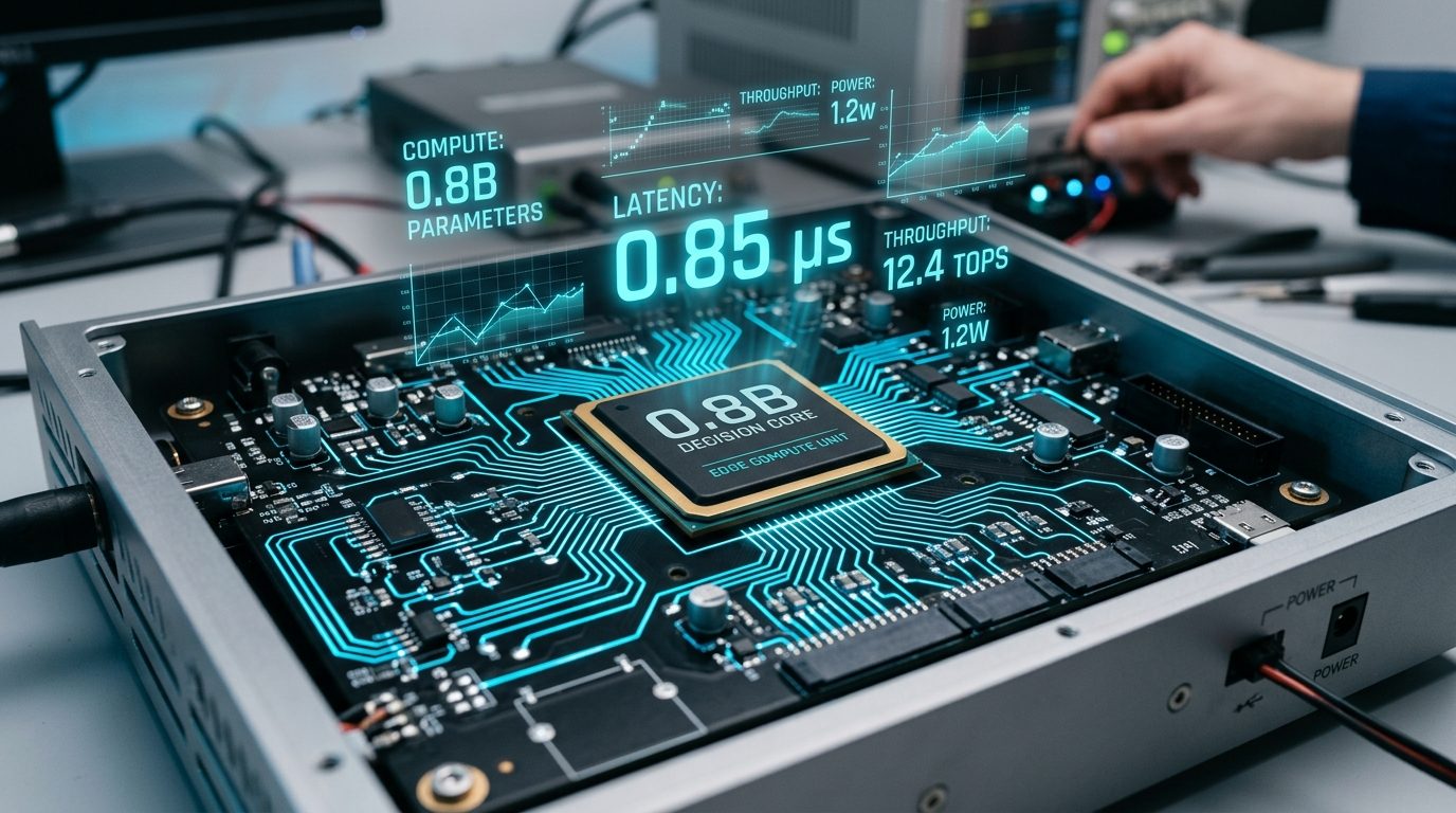 Ultra-compact edge processor board running the 0.8B Decision Core with real-time latency indicators and neon blue circuit traces