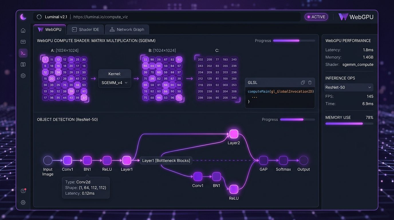 Modern web browser interface rendering WebGPU matrix compute shaders and neural network inference graphs with zero cloud latency under neon purple lighting