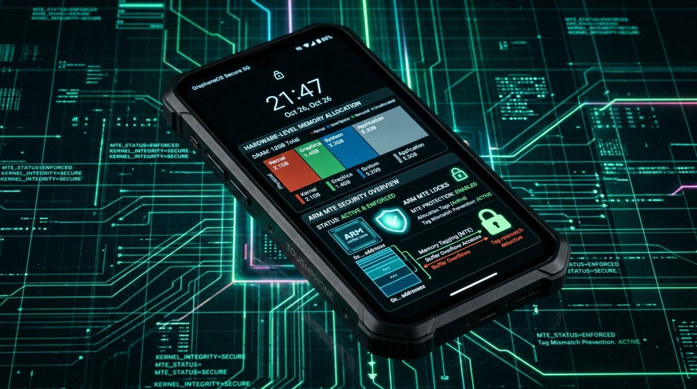 Hardened Android smartphone displaying hardware memory allocation security diagnostics and ARM MTE memory locks on a dark emerald matrix grid