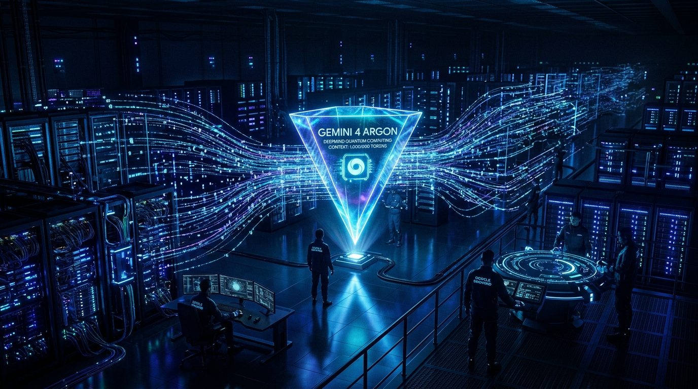 Google DeepMind computing research laboratory with glowing blue server racks and a central holographic Gemini 4 Argon prism emitting one million token data streams