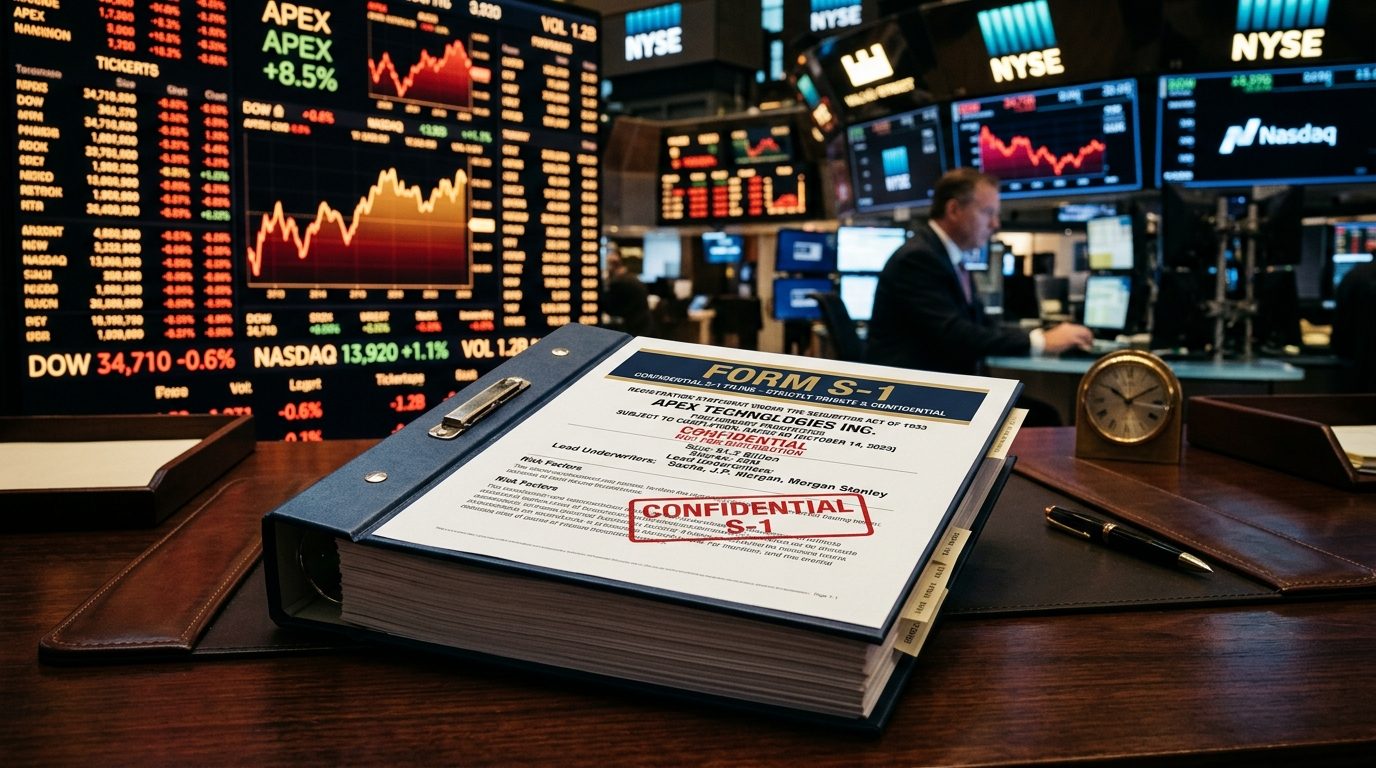 Confidential S-1 SEC filing document binder resting on a corporate mahogany table overlooking active Wall Street stock exchange trading floor monitors