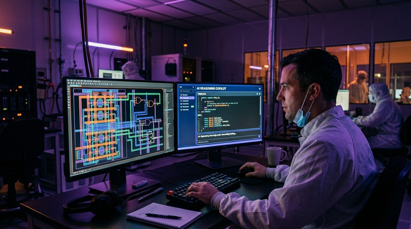 Semiconductor cleanroom workstation displaying complex multi-layer silicon chip layout routing alongside an AI reasoning copilot window generating Verilog RTL code