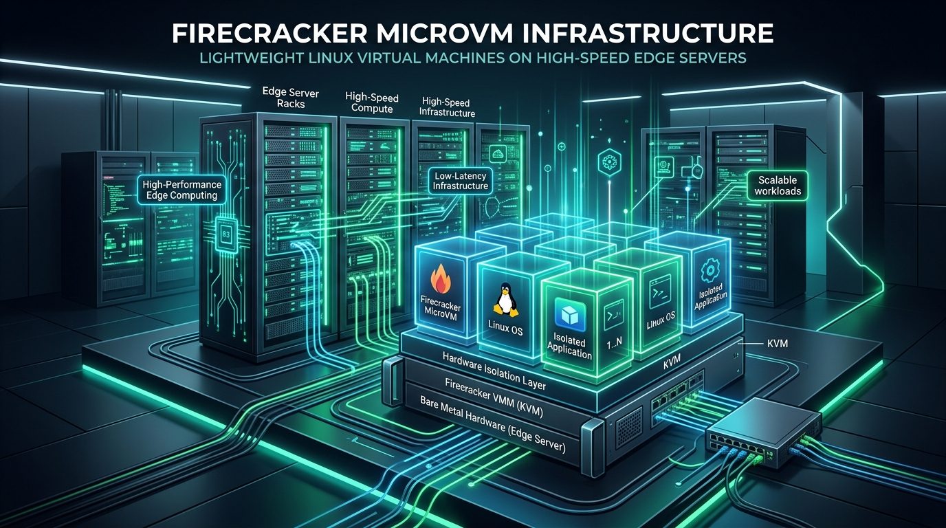 Technical diagram of cloud edge server racks running lightweight Linux Firecracker microVMs isolated in hardware containers with high-speed glowing circuits