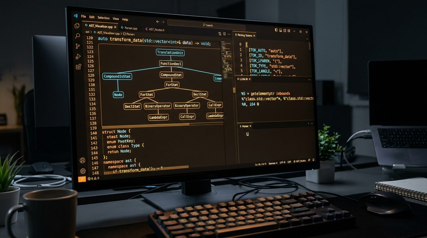 Developer monitor displaying complex C++ abstract syntax trees and intermediate representation parsing tokens under warm amber and dark blue code editor glow