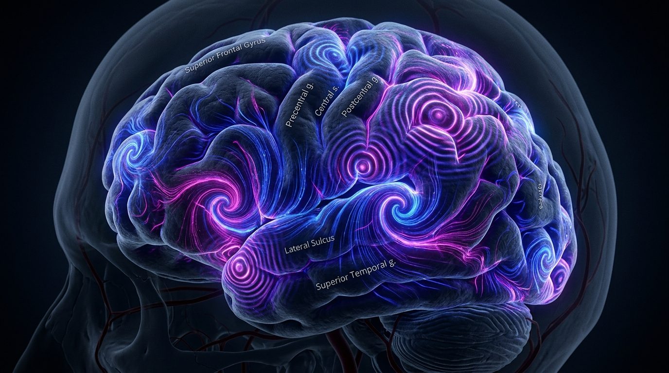 Scientific 3D visualization of the human cerebral cortex displaying illuminated bioluminescent traveling spiral waves and concentric ripple patterns flowing across neural gyri