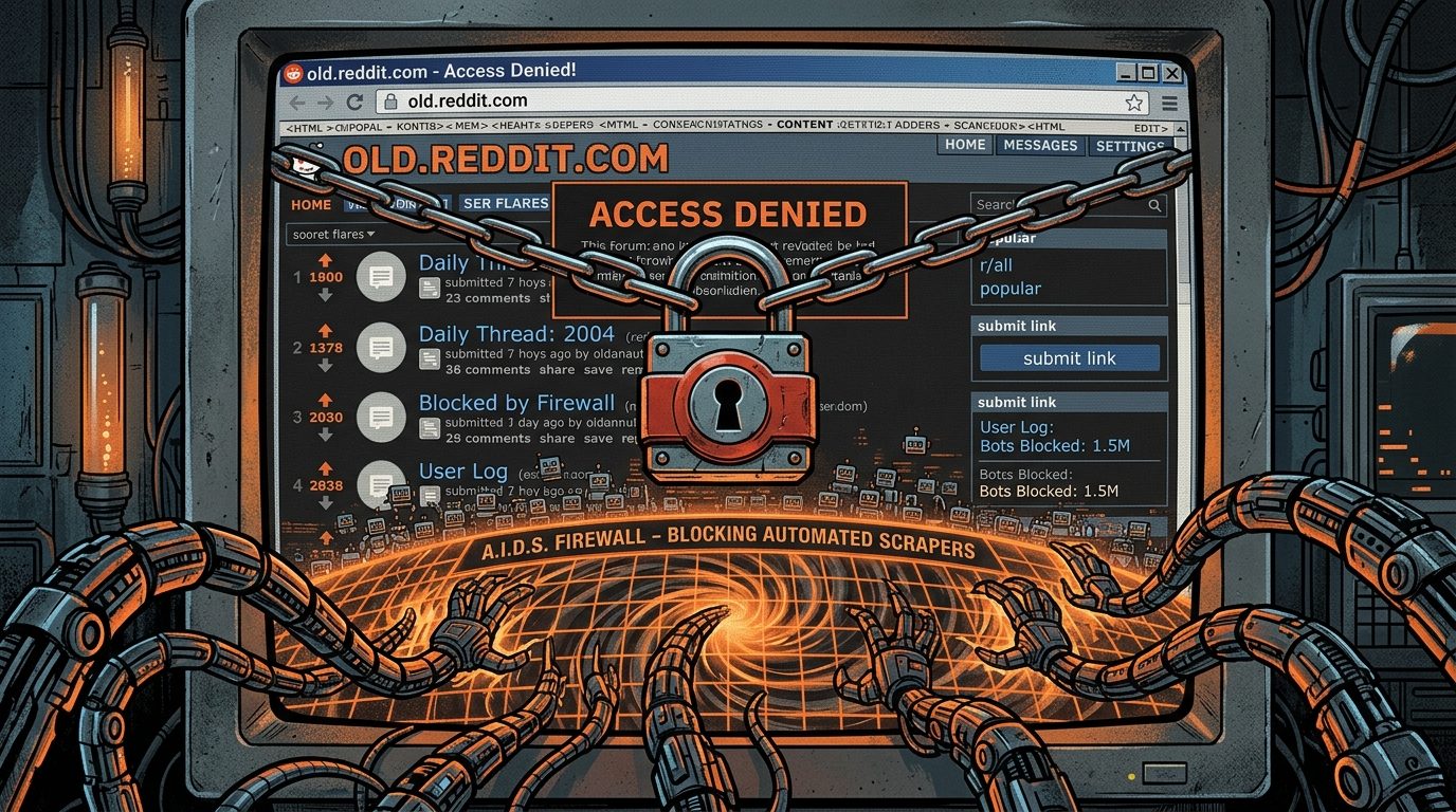 Retro computer monitor displaying access denied lock over old.reddit.com layout while automated robotic scraper tentacles are deflected by an orange cybersecurity firewall