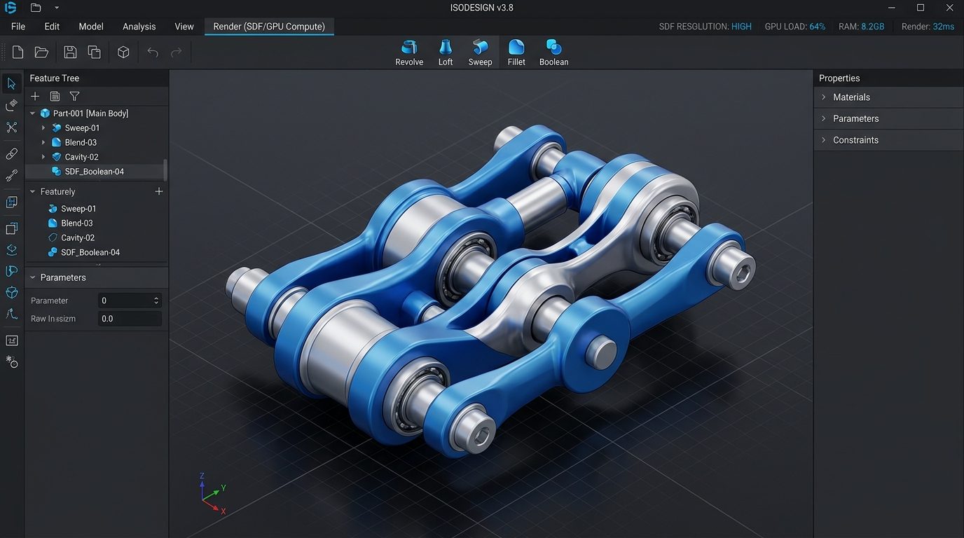 Modern CAD software interface displaying smooth mathematically continuous mechanical parts rendered via signed distance fields and GPU compute shaders