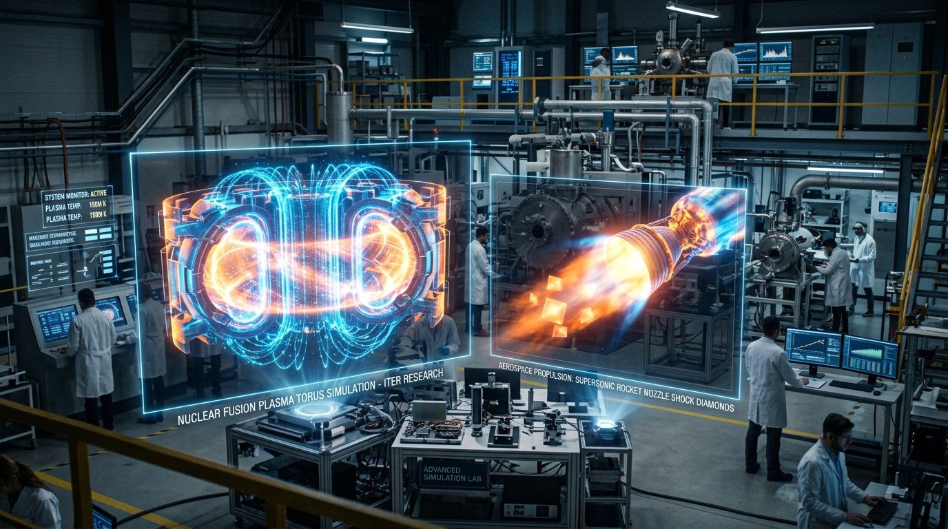 Aerospace and nuclear physics engineering laboratory displaying holographic supercomputer simulations of a magnetic fusion plasma torus and supersonic rocket engine nozzle