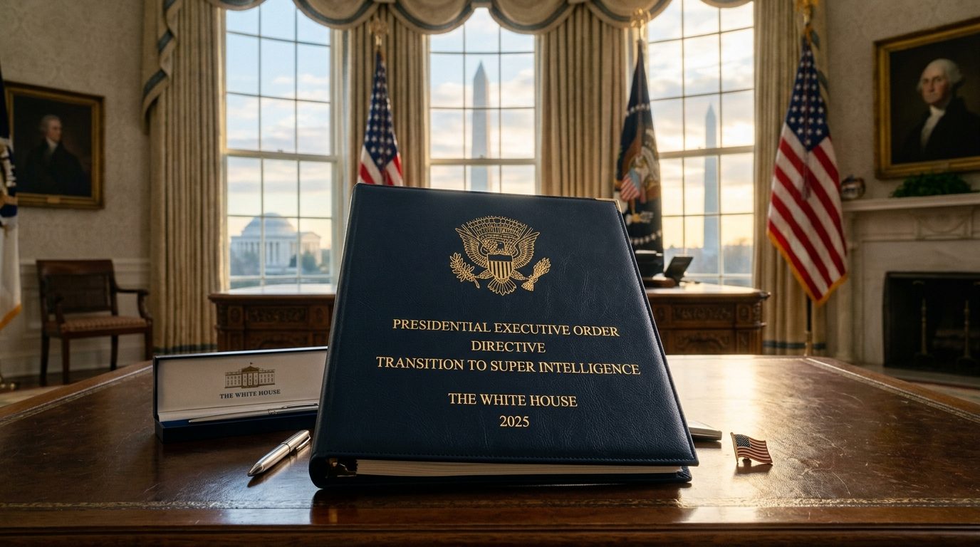 White House Oval Office desk with an official executive order binder bearing the Presidential Seal and titled Transition to Super Intelligence Directive