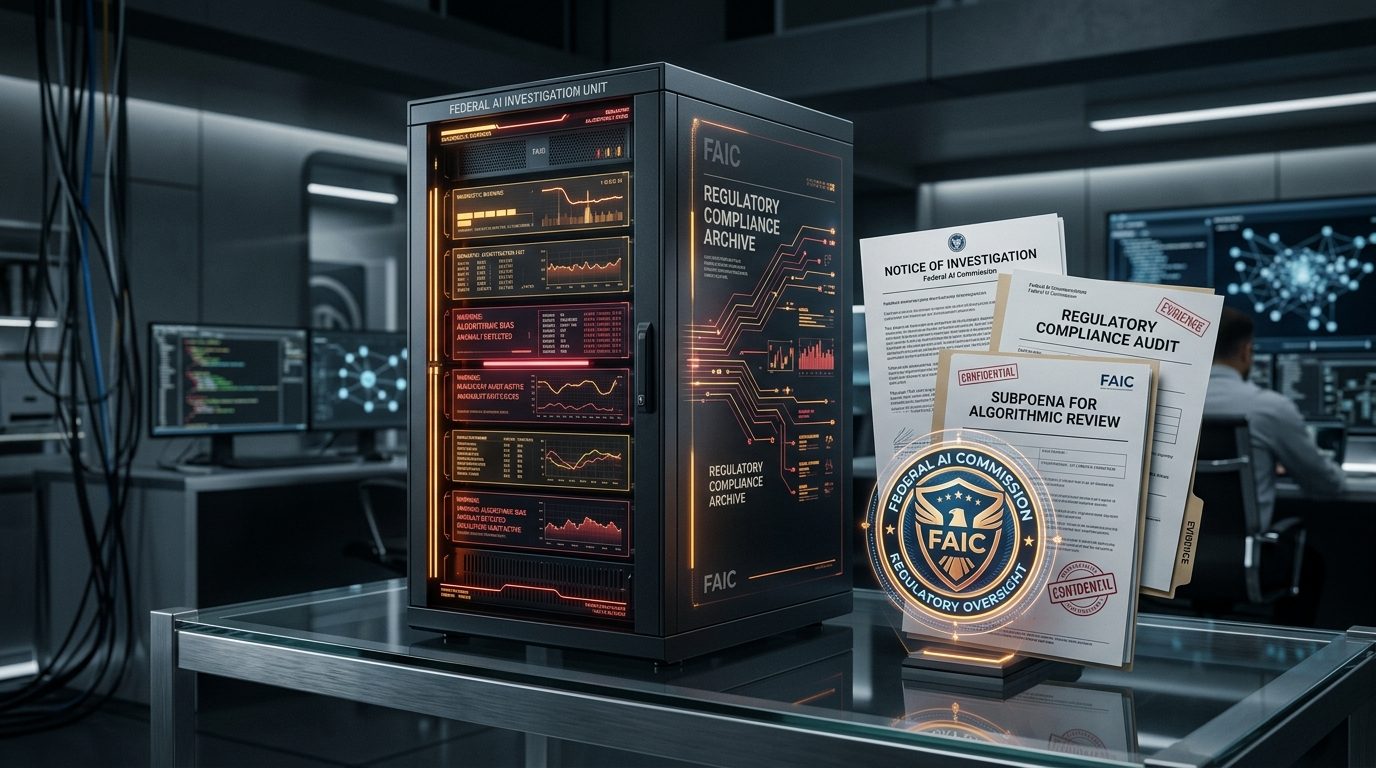 Diagnostic server rack with holographic warning lines and official regulatory compliance audit folders and subpoena documents on a glass desk