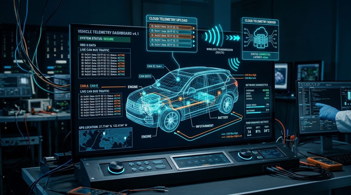 Automotive telemetry laboratory testbed showing wireframe vehicle chassis with glowing CAN bus packet routes and cloud transmission indicators