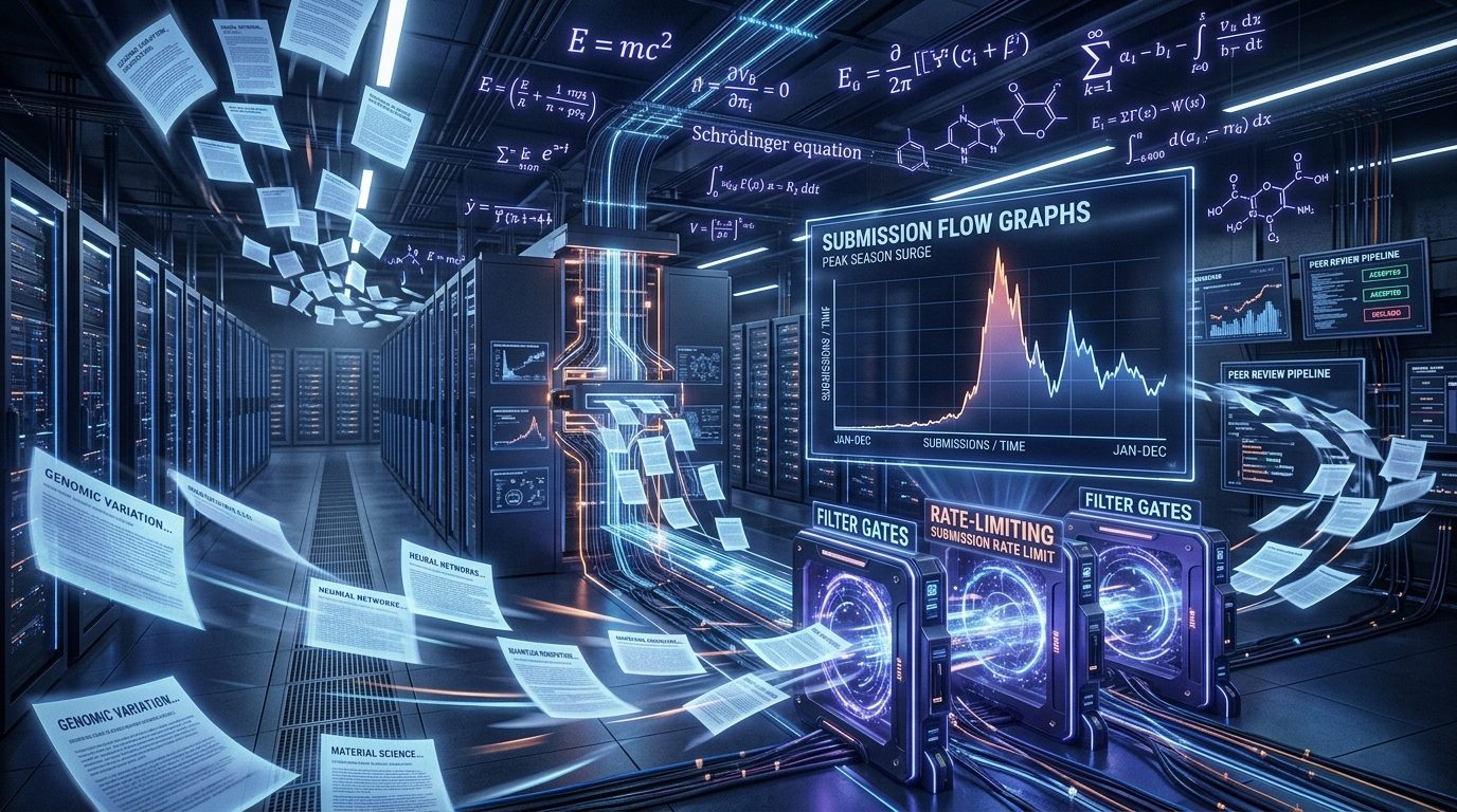 Digital representation of arXiv scientific repository with glowing submission graphs, research manuscript pages, and rate-limiting filter gates