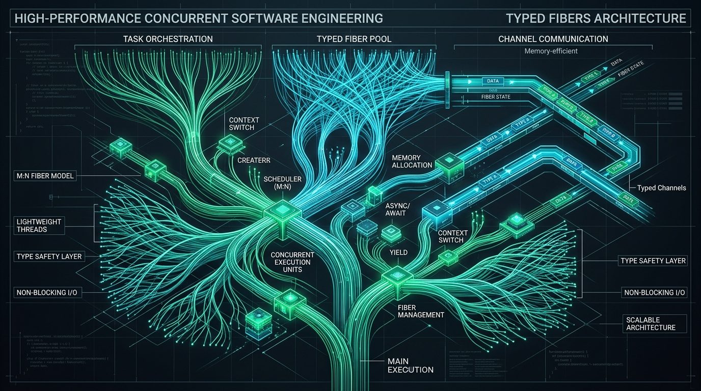 Abstract technical diagram of typed fiber pool, channel communication, and concurrent execution units in emerald green and cyan