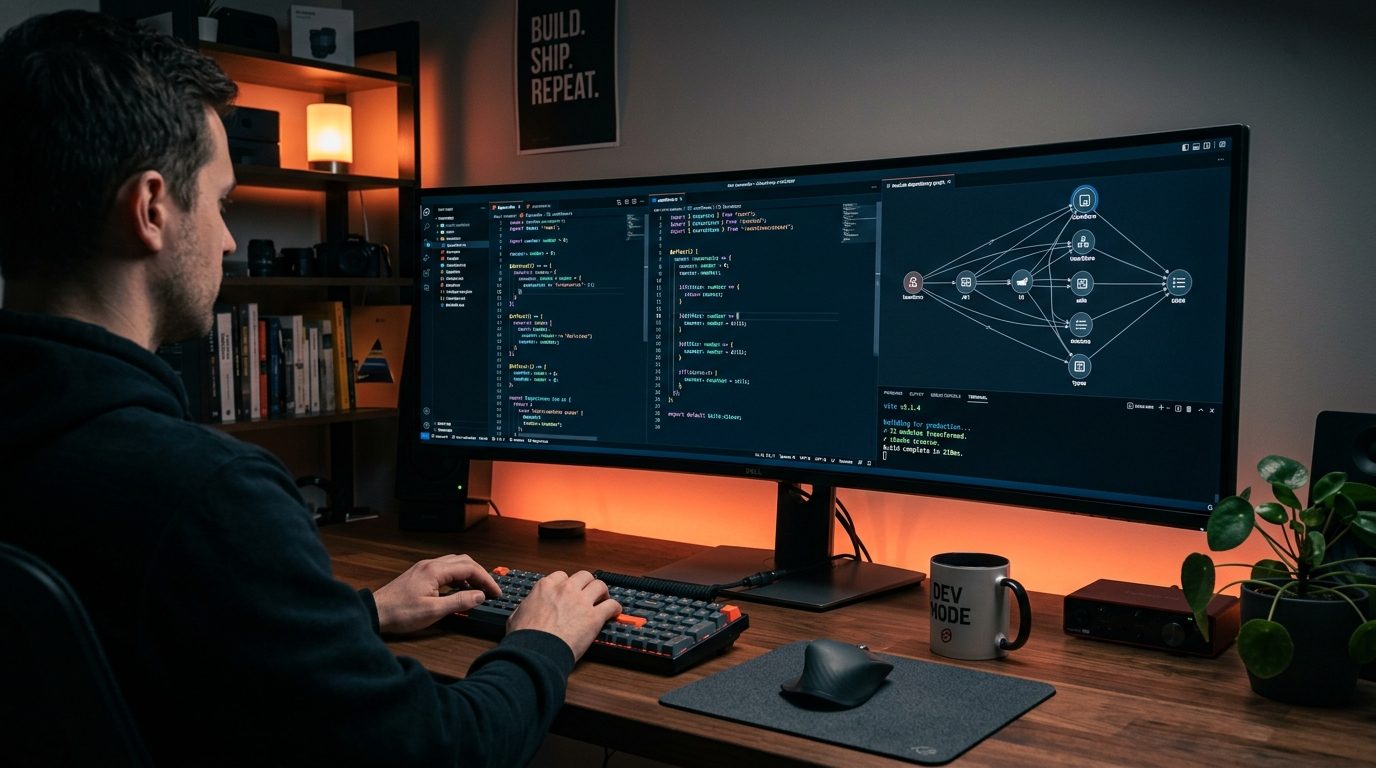 Ultra-wide development workstation monitor displaying SvelteKit 3 source code with reactive runes, dependency graph, and Vite build pipeline indicators