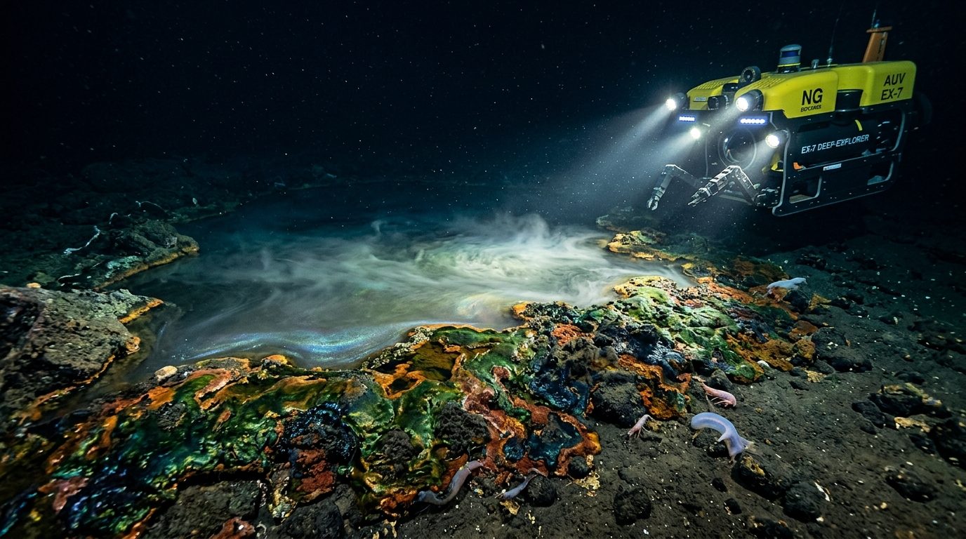 Autonomous research submersible illuminating an extreme hypersaline brine pool and colorful mineral microbial mats on the deep ocean floor